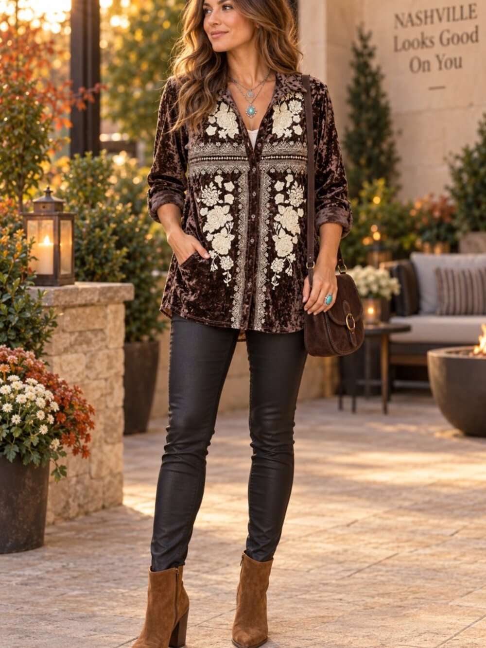 Andree by Unit Brown Crushed Velvet Embroidered Boho Tunic Blouse L